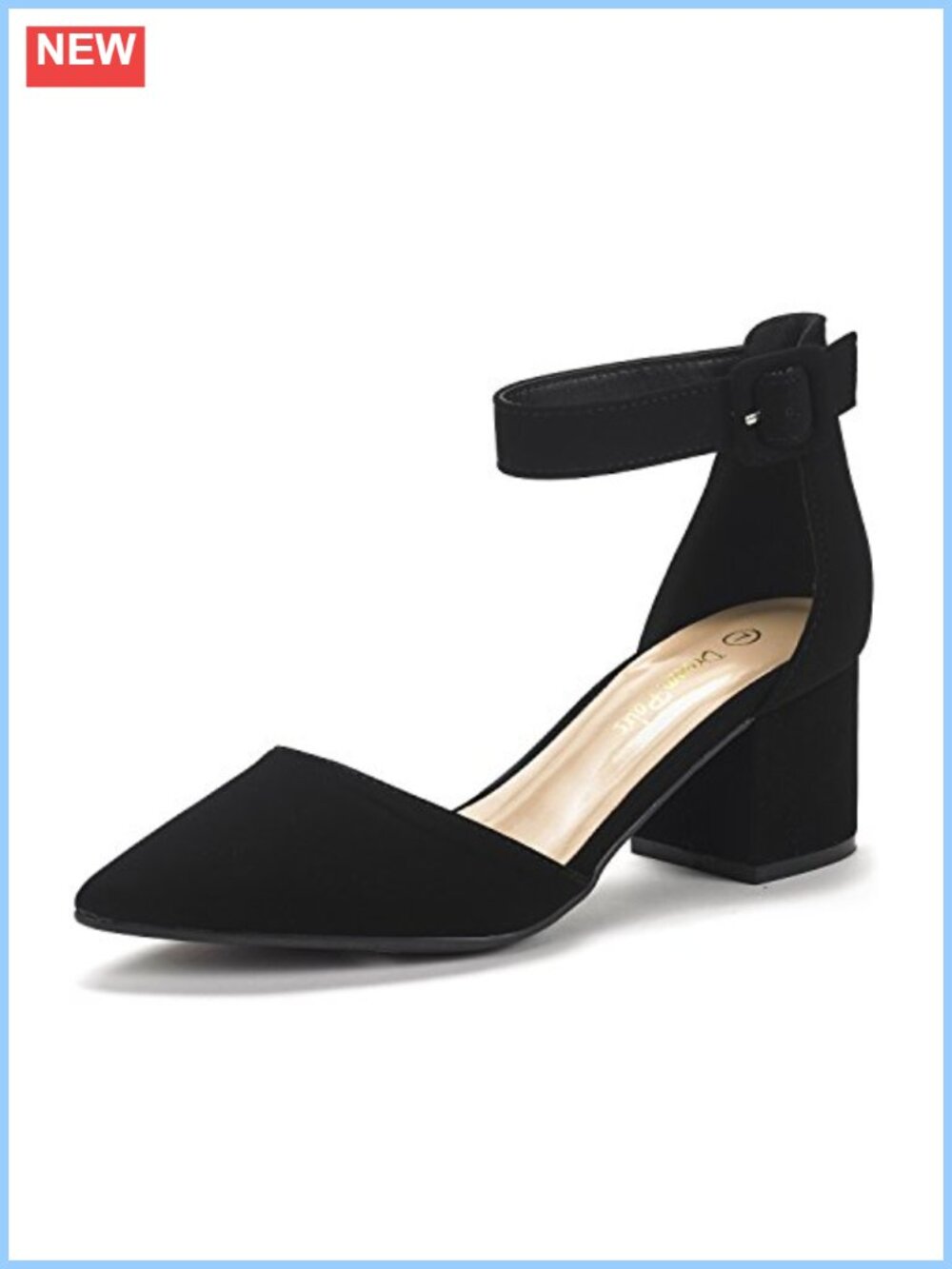 Pointed Toe Low Chunky Heel Pumps with Adjustable Ankle Strap, Faux Leather